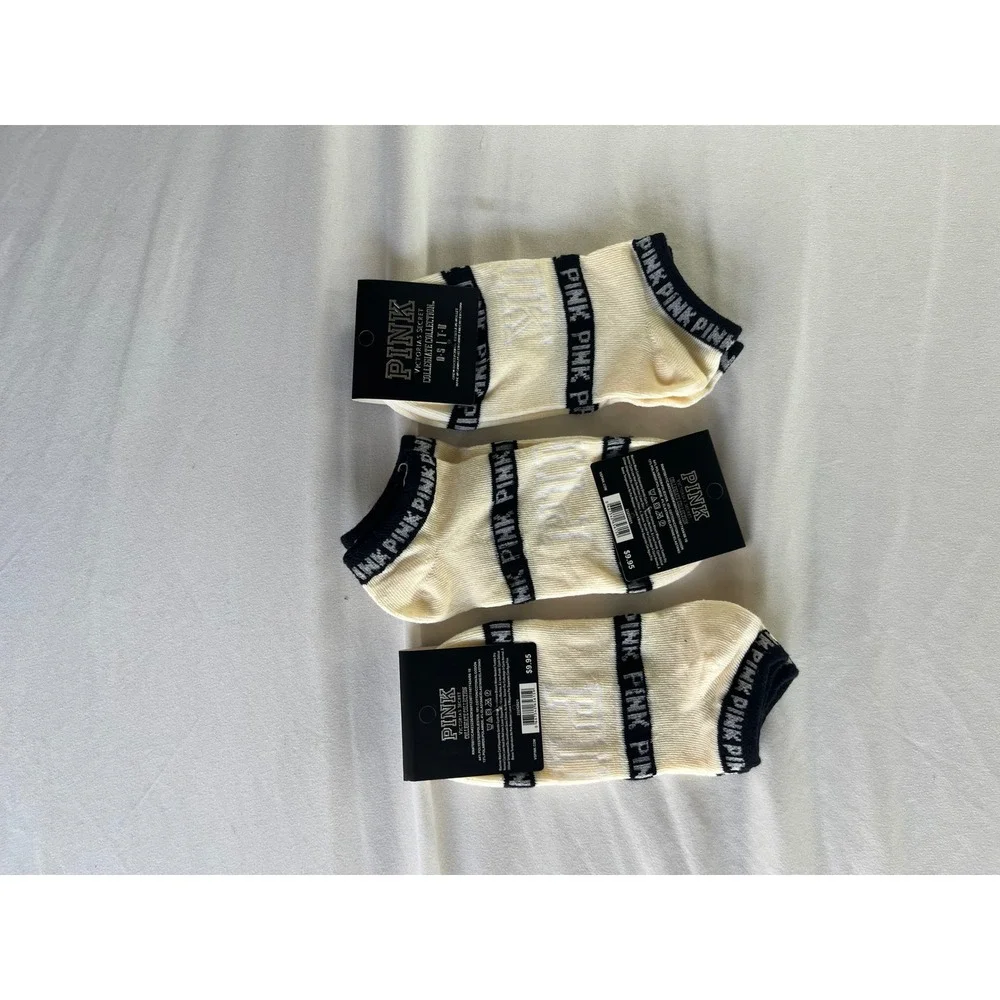 Victoria's Secret PINK Collegiate Ankle Socks 3 Pack Cream Black Logo One Size